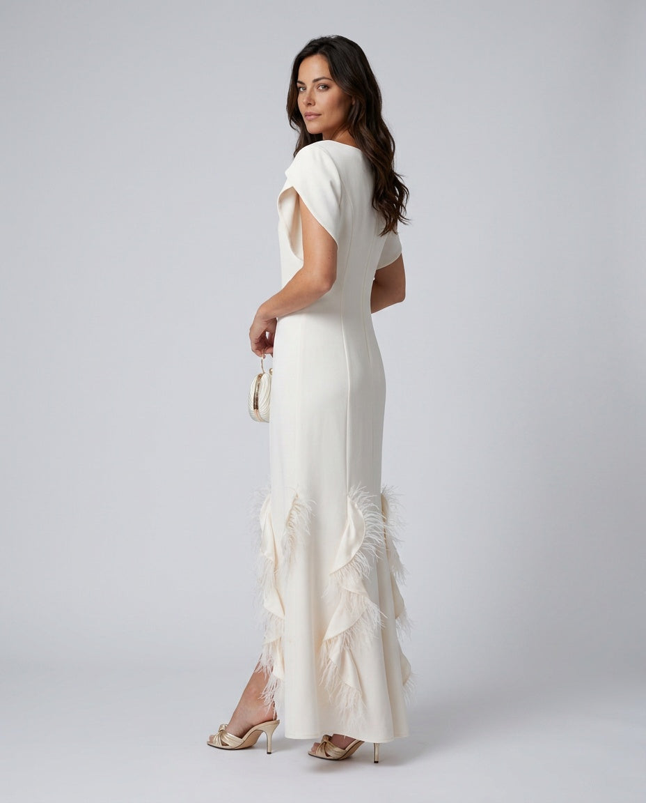 Annika | Ruffled Feather Trim Maxi Dress